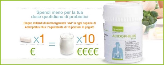 Dose quotidiana di probiotici con Acidophilus Plus NeoLife Acidophilus Plus NeoLife apporta la dose quotidiana di probiotici pari a cinque miliardi di microrganismi "vivi" in ogni capsula.